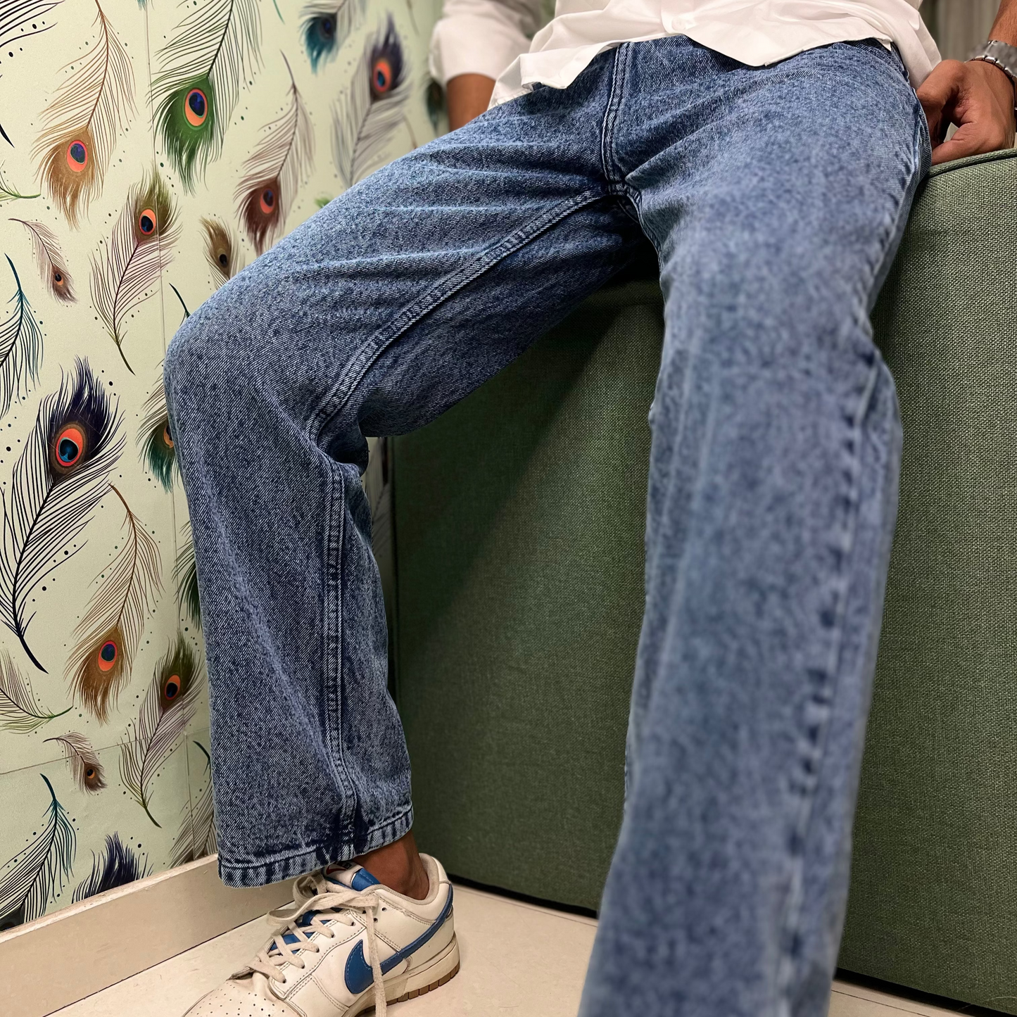 Dark Blue Denim Baggy Fit Jeans - Marble Wash