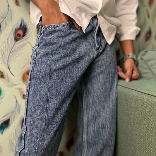 Dark Blue Denim Baggy Fit Jeans - Marble Wash