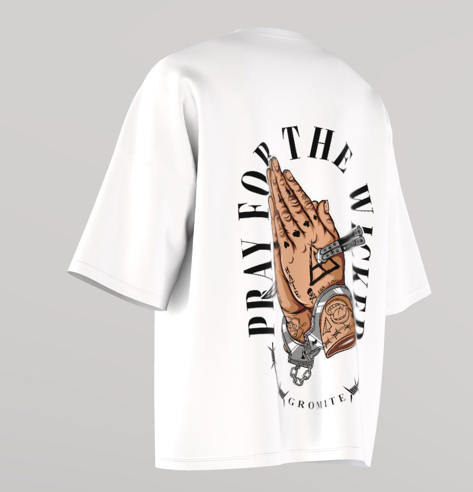 Men’s Oversized Round Neck T-Shirt – Pray for the Wicked (White)